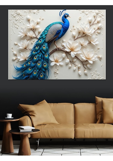 Beyaz Tavus Kuşu Kabartması Dekoratif Kanvas - Mdf Ahşap Tablo