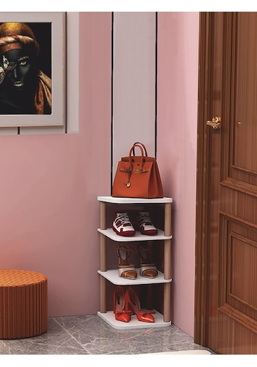 4 Katlı Ayakkabılık Dört Bölmeli Ayakkabı Organizeri Dekoratif Ayakkabı Rafı Beyaz