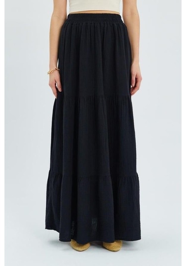 4567 Kadın Fırfırlı Uzun Müslin Etek Siyah Siyah