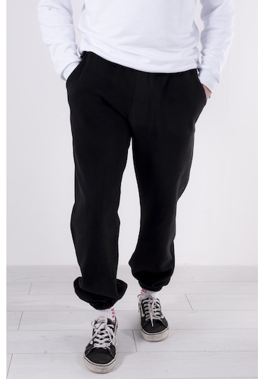 Kadın Erkek Siyah Cepli Paçası Lastikli Polar Eşofman Altı Siyah