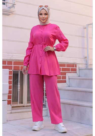Hakim Yaka Detaylı Tesettür Fuşya Takım Fuşya