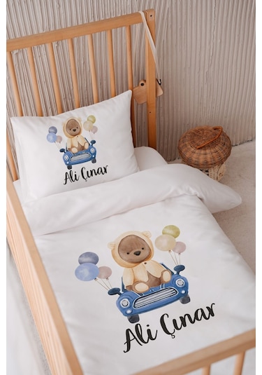 %100 Pamuk Saten Isme Özel Isimli 100x150 Bebek Yatak Nevresim Seti Mavi Arabalı Ayıcık Ve Balonlar