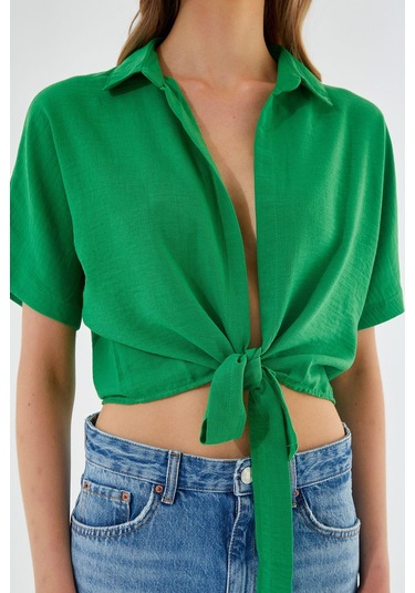 4230 Kadın Bağlamalı Yazlık Keten Gömlek Yeşil Yeşil