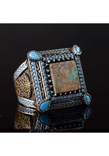 Doğal Turkuaz Taş Yüzük, Kare Tasarım - 925 Ayar Gümüş Erkek Yüzüğü, El Yapımı Şıklık Gümüş