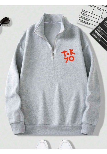 Harmandar Gri Erkek Tokyo Baskılı Dik Yaka Yarım Fermuarlı Kazak Sweatshirt Tokyogridikyaka