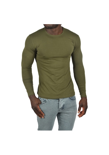 Deepsea Erkek Haki Uzun Kollu Dar Kalıp Ince Sıfır Yaka Sweatshirt 2300423 False Haki