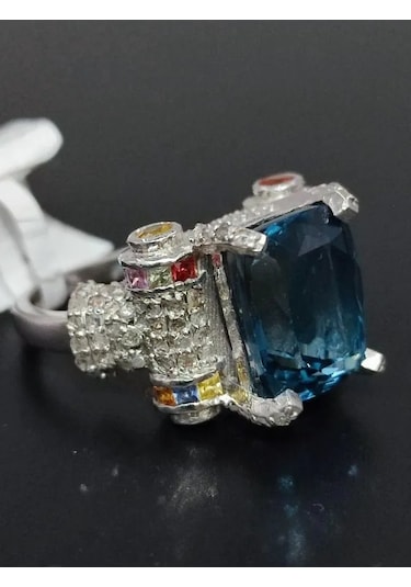 925 Gümüş Mavi Topaz Elmas Tasarım Yüzük 308