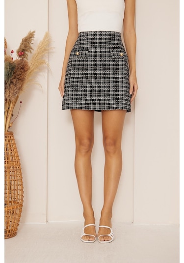 Darlin Moda Siyah Düğme Detaylı Tweed Mini Etek Dm2013 Siyah