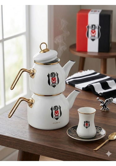 Beşiktaş Lisanslı Arma Logo Çaydanlık Beyaz - Siyah