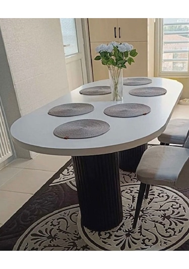 Ada 180x90x75cm 36mm Kalın Kenarlı Oval Beyaz Sütunlu Yemek Masası Sandalye Yok Sadece Masadır Beyaz-siyah