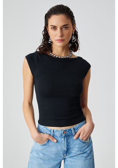 Grımelange Noemı Kadın Balerin Yaka Kısa Kol Slim Fit Ribanalı Siyah Bluz Siyah