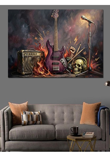 Kurukafa Ve Elektro Gitar Rock Dekoratif Kanvas - Mdf Ahşap Tablo