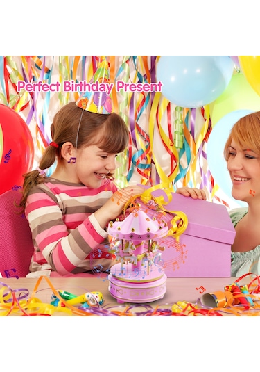 Reedark Döner Atlı Karusel Müzik Kutusu - Çocuklar İçin Doğum Günü Ve Noel Hediyesi Pembe