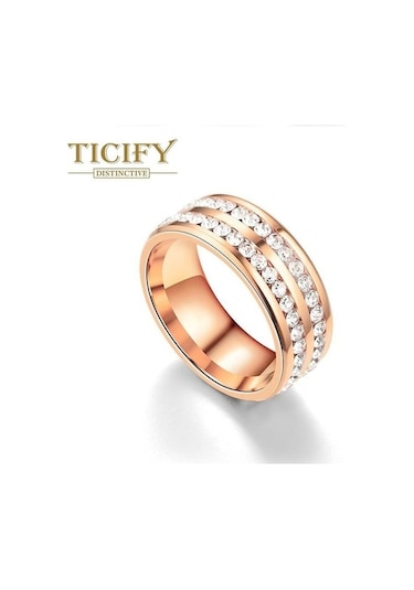 Novahub Gül Altın Titanyum Çelik Çift Sıralı Zirkon Yüzük Kore Moda Paslanmaz Çelik Kakma Zirkon Çift Yüzük 11 Çok Renkli - 11 Çok Renkli