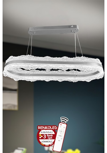 3 Renk Işıklı Kumandalı Modern Sarkıt Led Avize Salon ,oda ,mutfak ,hol Yemek Masası90cm Çiçek Antrasit Gümüş