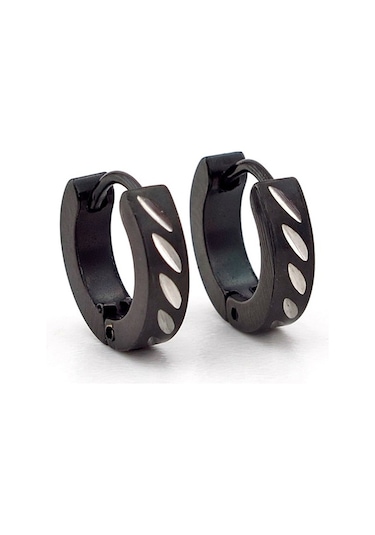 Damla Çentik Desenli Siyah Halka Kadın Erkek Çelik Küpe E940