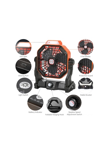 Geeksen Taşınabilir Şarj Edilebilir 270 Döner Kamp Feneri Ve Fanı - Işık Ayarlı, Çok Amaçlı Kullanım Turuncu