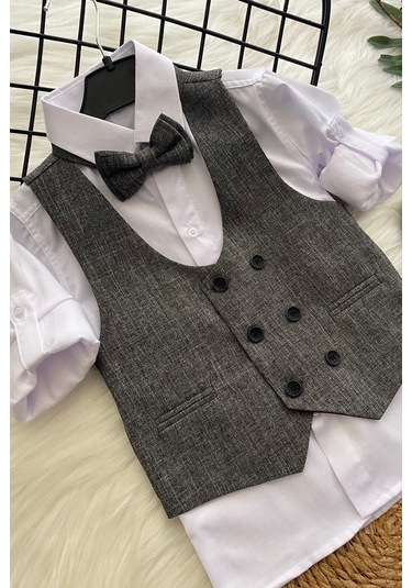 Yelekli Papyonlu Katyonik Erkek Çocuk Takım Elbise Gri