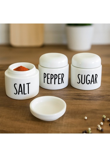 Porsima 18128 3'lü Porselen Ergonomik Baharatlık Seti Yuvarlak Formlu Baharat Takımı Beyaz Beyaz