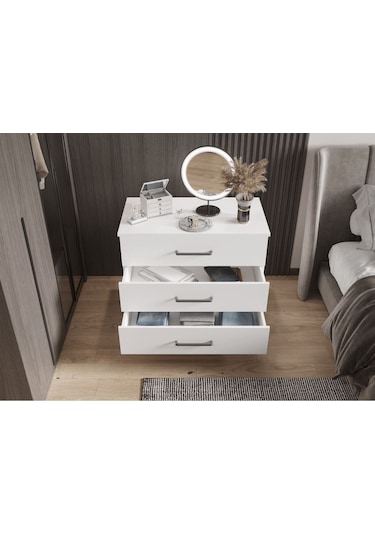 Şifonyer Üç Çekmeceli Aynalı Parlak Beyaz Beyaz
