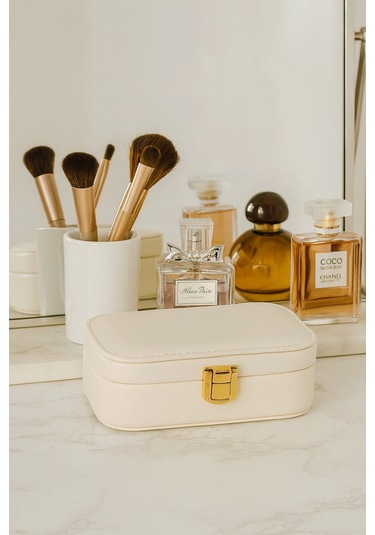 Deri Mini Seyahat Takı Bijuteri Mücevher Kutusu Organizer Düzenleyici 15cm Krem İthal Ürün