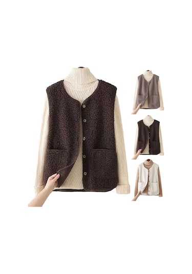 Kahve Kadın Güz Kış Yelek Ceket Düz Renk V Boyun Kolsuz Düğme Kapatma V Boyun Yumuşak Sıcak Cepler Hırka Bayan Yelek