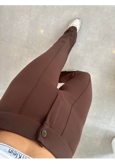 Soonaksesuar Kadın Yüksek Bel Full Likralı Krep Kumaş Pantolon Kahve