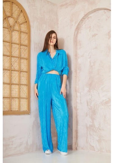 Kadın Pliseli Beli Lastikli Pantolon Tunik Gömlek Ikili Bürümcük Salaş Takım 3573300 Mavi