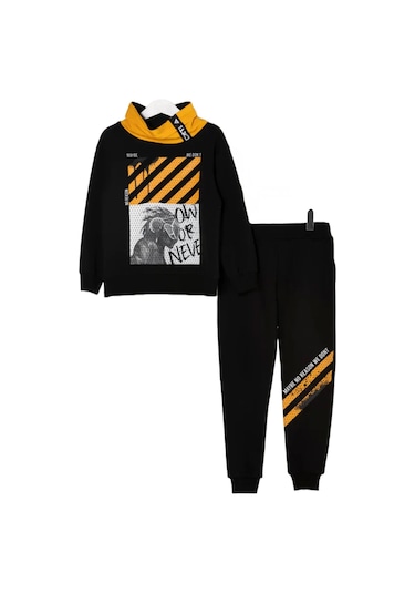 Miniloox Erkek Bebek Geniş Yakalı Siyah Çocuk Eşofman Takım 001