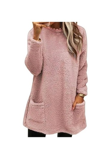 Çift Cepli Bayan Kışlık Sweatshirt Saf Renk Peluş Yuvarlak Yaka Bol Pembe