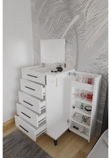 Rose Aynalı Makyaj Masası, Şifonyer, Etijer, Çok Amaçlı Takı Dolabı, Beyaz Beyaz