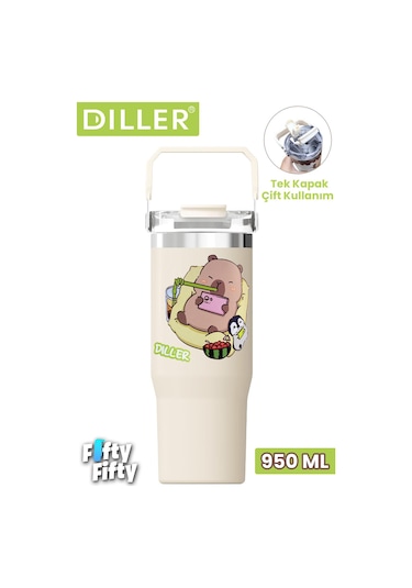 Dıller Tumbler 950 Ml Tek Kapak Çift Kullanım Pipetli/pipetsiz Taşıma Kulplu Çelik Termos-ffdıllerd9358 Çok Renkli