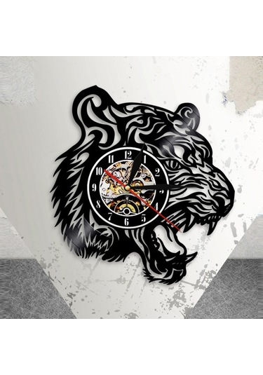 Primepickings Müzik Vinil Kayıt Duvar Saati - Kaplan Kafası Şekli Vinil Duvar Saati - Vinil Saat - Oturma Od Siyah