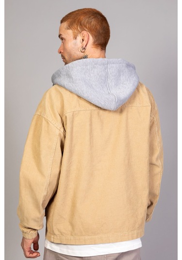Erkek Bej Çıkarılabilir Kapüşonlu Oversize Pamuklu Kadife Ceket Bej