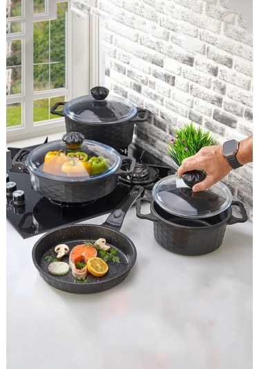 Polochef Kristal Granit 7 Parça Tencere Ve Tava Seti Siyah Siyah