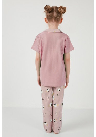 Lela Baskılı Beli Lastikli Gömlek Yaka Kısa Kollu Kız Çocuk Pijama Takımı 6576001 Pembe