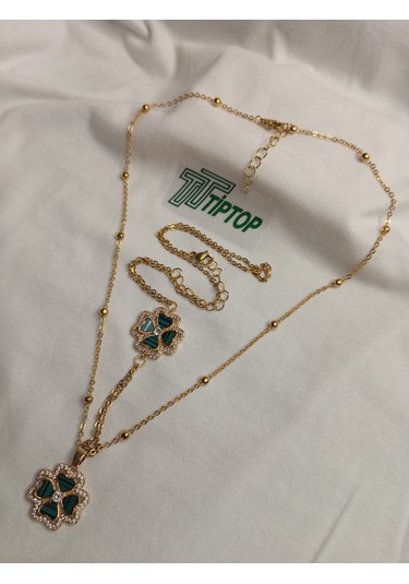 Tiptop/ Yeşil Mineli Yonca Model Gold Renk Kolye Ve Şahmeran Set Gold
