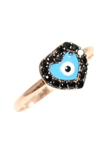 925 Ayar Gümüş Kalp Modeli Yüzük, Pembe - Siyah Taş