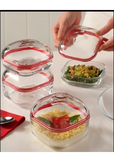 Paşabahçe Plus Kapaklı Kahvaltılık - 4 Lü Çok Amaçlı Cam Saklama Kabı Silikon Contalı 2 Boy