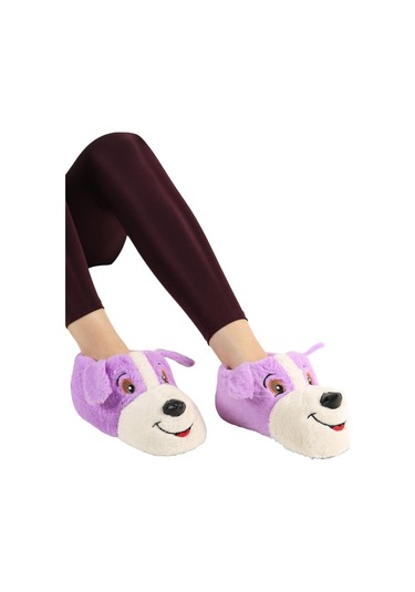 Unisex Sevimli Köpek Figürlü Kaymaz Ve Ses Yapmaz Taban Ev Panduf Lila-lila Lila