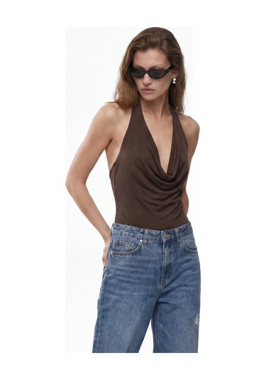 Koton Sırt Dekolteli Degaje Yaka Bodysuit Kahverengi 6sak10003ek Kahve