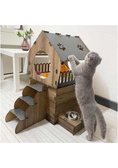 Reyo Pet Dekoratif Teraslı Kedi Evi ve Mama Kabı Seti