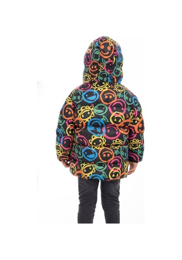 Erkek Çocuk Gülen Emoji İçi Polarlı Kürklü Su Ve Rüzgar Geçirmez Kapüşonlu Cepli Kışlık Şişme Mont Çok Renkli