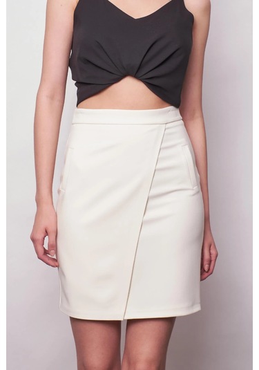 Yüksek Bel Anvelop Kruvaze Hafif Likralı Kumaş Kalem Ofis Etek-krem Krem