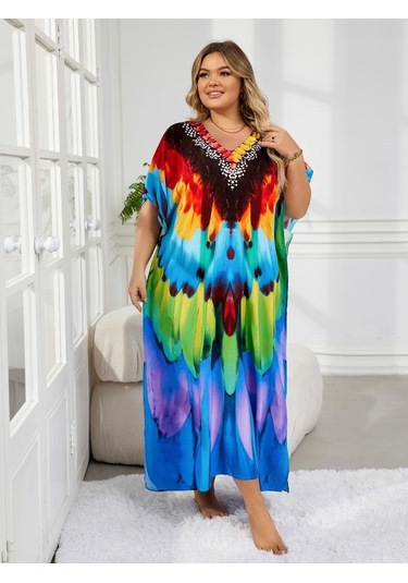 Edolynsa Şık Kadın Kaftan Bohem Renkli Bornoz Rahat Büyük Beden Moo Moo Elbise Taze Elbise Tatil Partisi Uzun Elbise Kıyafet Q1594 Çok Renkli