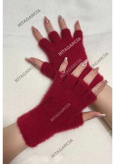 Peluş Kesik Parmak Eldiven Kırmızı