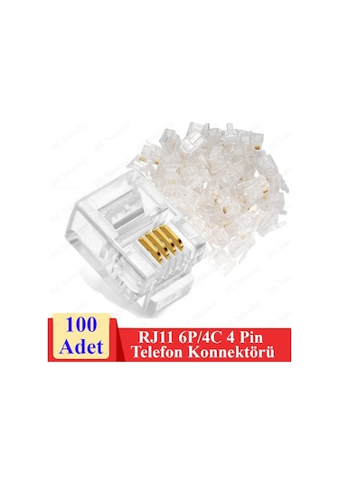 6P4C RJ11 4 Pinli Konnektör - RJ11 Jack - Telefon Kablo Uc 100 Ad
