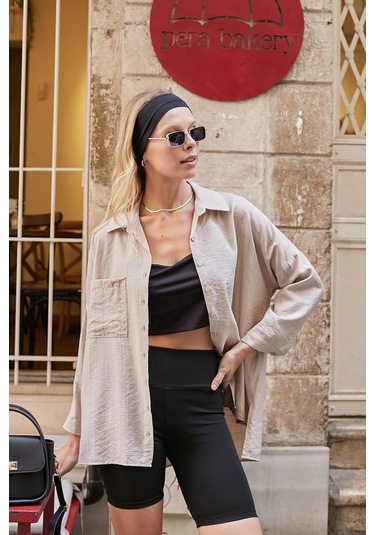 Kadın Likrasız Keten Kumaş Yakalı Cepli Düşük Omuzlu Salaş Oversize Tunik Gömlek-bej Bej