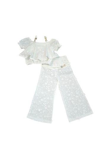 İspanyol Paça Pantolonlu Keten Kız Çocuk Takım Beyaz
