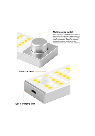 Dianziye Usb Şarjlı Led Dolap Lambası - 3 Renk Ayarlanabilir, Döner Anahtar, 64 Sarı+64 Beyaz Işık, Alüminyum Substrat Beyaz